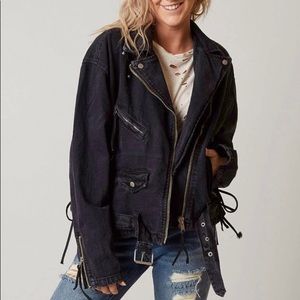 Free People Black Denim Oversized Moto Jacket